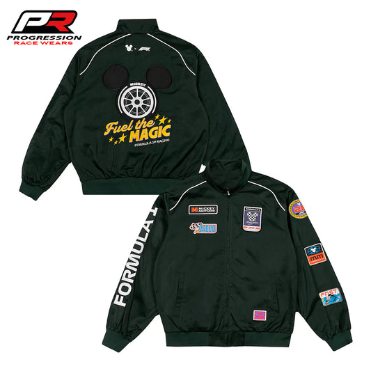 Two green jackets with racing-themed designs and logos on a white background, featuring the Progression Race Wear brand.