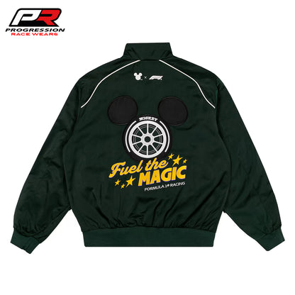 Green jacket with racing-themed design and 'Progression Race Wear' logo on a white background