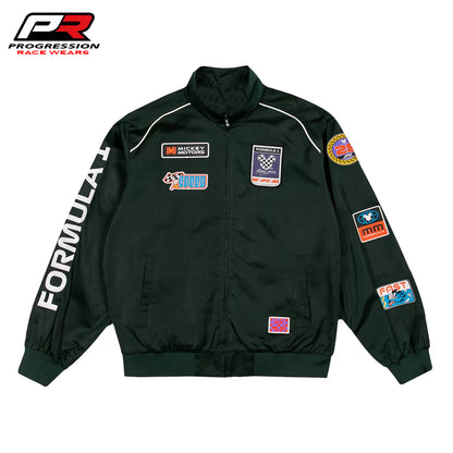 Black racing jacket with various patches and 'Progression Race Wear' branding on a white background