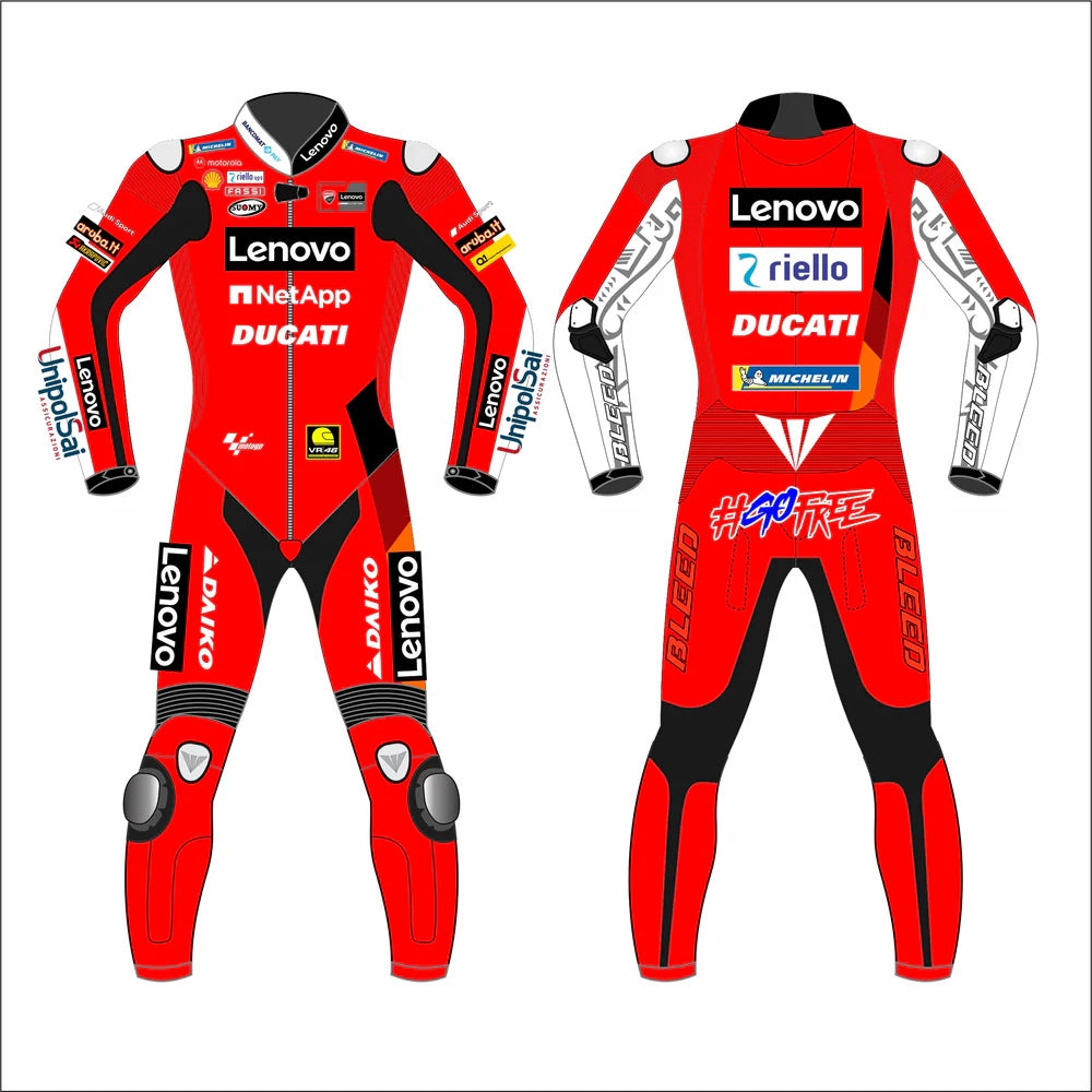 2021 Francesco Bagnaia Ducati Lenovo MotoGP leather race suit in red and black with CE Level 2 armor, front view