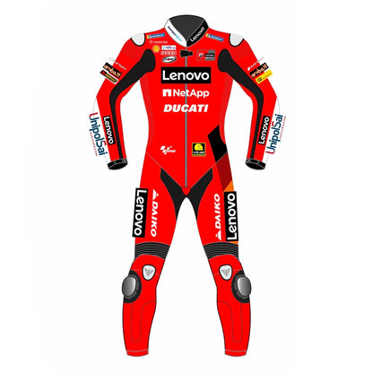 2021 Francesco Bagnaia Ducati Lenovo MotoGP leather race suit in red and black with CE Level 2 armor, front view