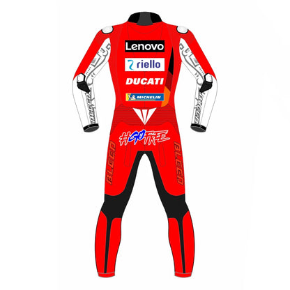 2021 Francesco Bagnaia Ducati Lenovo MotoGP leather race suit in red and black with CE Level 2 armor, front view