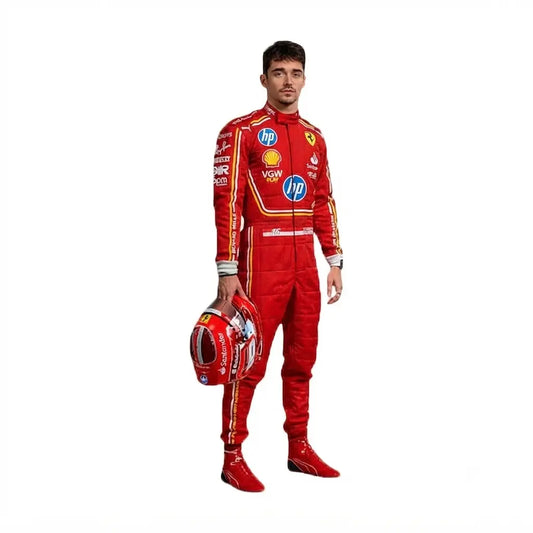 2024 Charles Leclerc Monaco GP Ferrari F1 Race Suit in red featuring yellow accent stripes, HP sponsor logos, Monegasque flag waist badge, and driver number 16