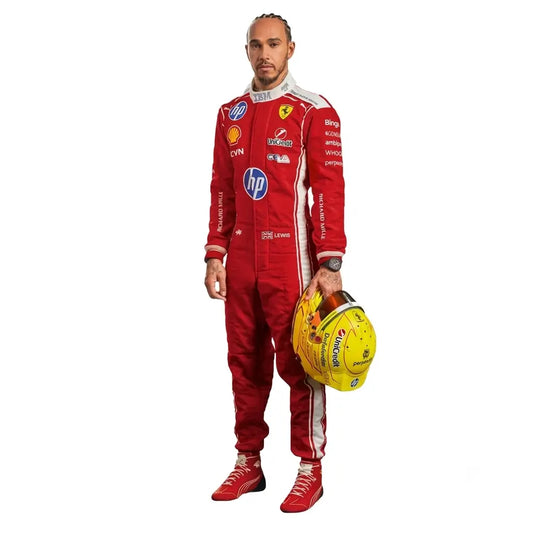 2026 Lewis Hamilton Scuderia Ferrari F1 Race Suit in red featuring white side stripes, HP sponsor logos, Union Jack waist badge, and driver number 44