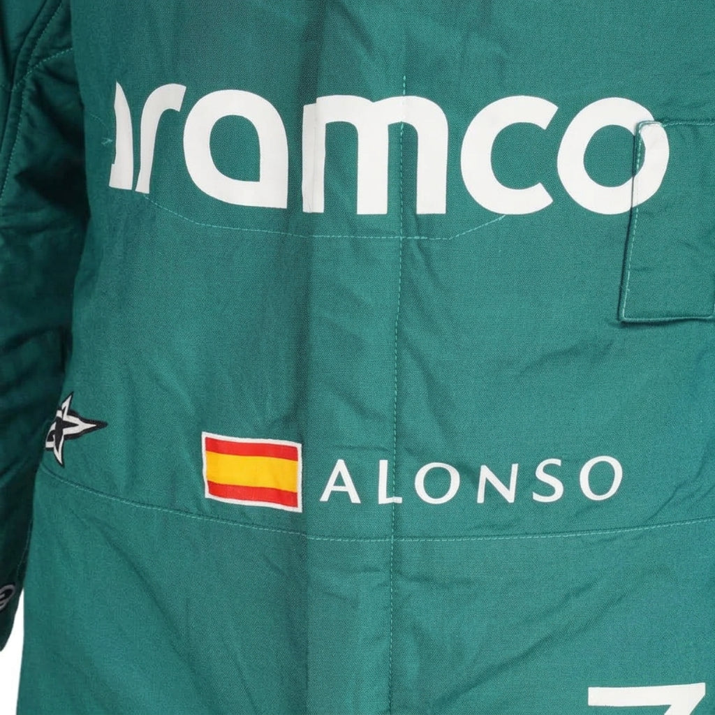 Front view of Fernando Alonso 2023 Miami GP Aston Martin inspired go-kart racing suit in green displayed on mannequin studio setup.