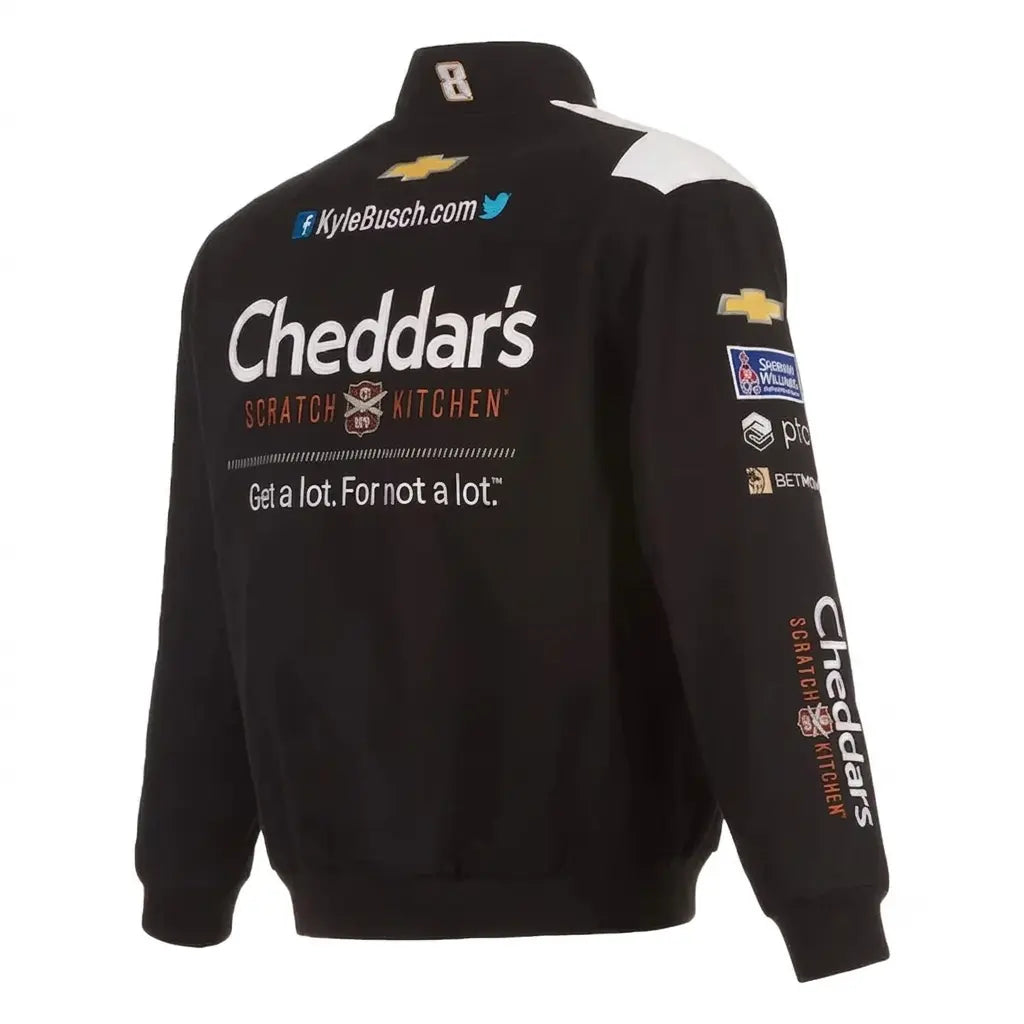 Kyle Busch Cheddar’s Schwarze Baumwoll-Twill-Uniformjacke mit durchgehender Druckknopfleiste