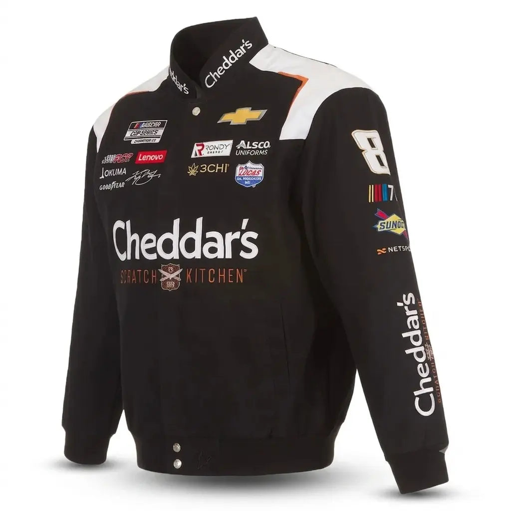 Kyle Busch Cheddar’s Schwarze Baumwoll-Twill-Uniformjacke mit durchgehender Druckknopfleiste