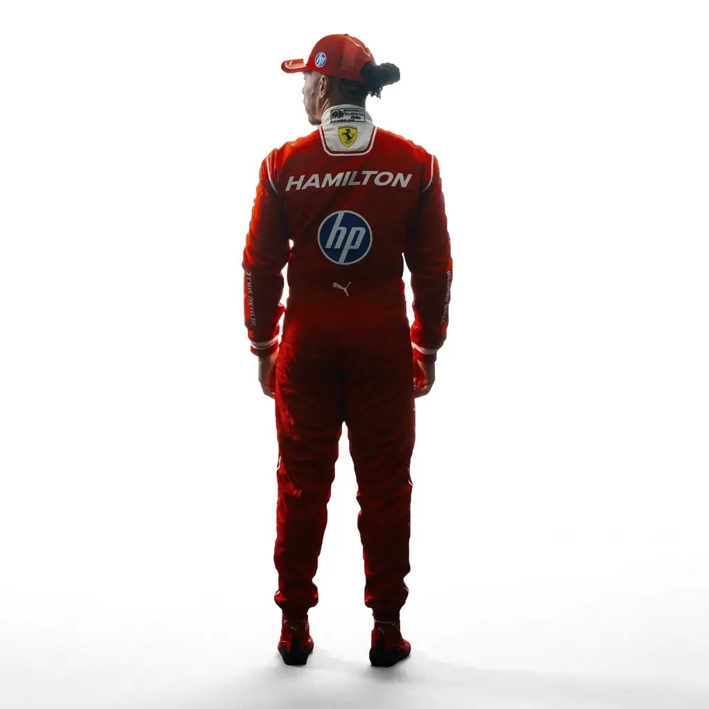 2026 Lewis Hamilton Scuderia Ferrari F1 Race Suit in red featuring white side stripes, HP sponsor logos, Union Jack waist badge, and driver number 44