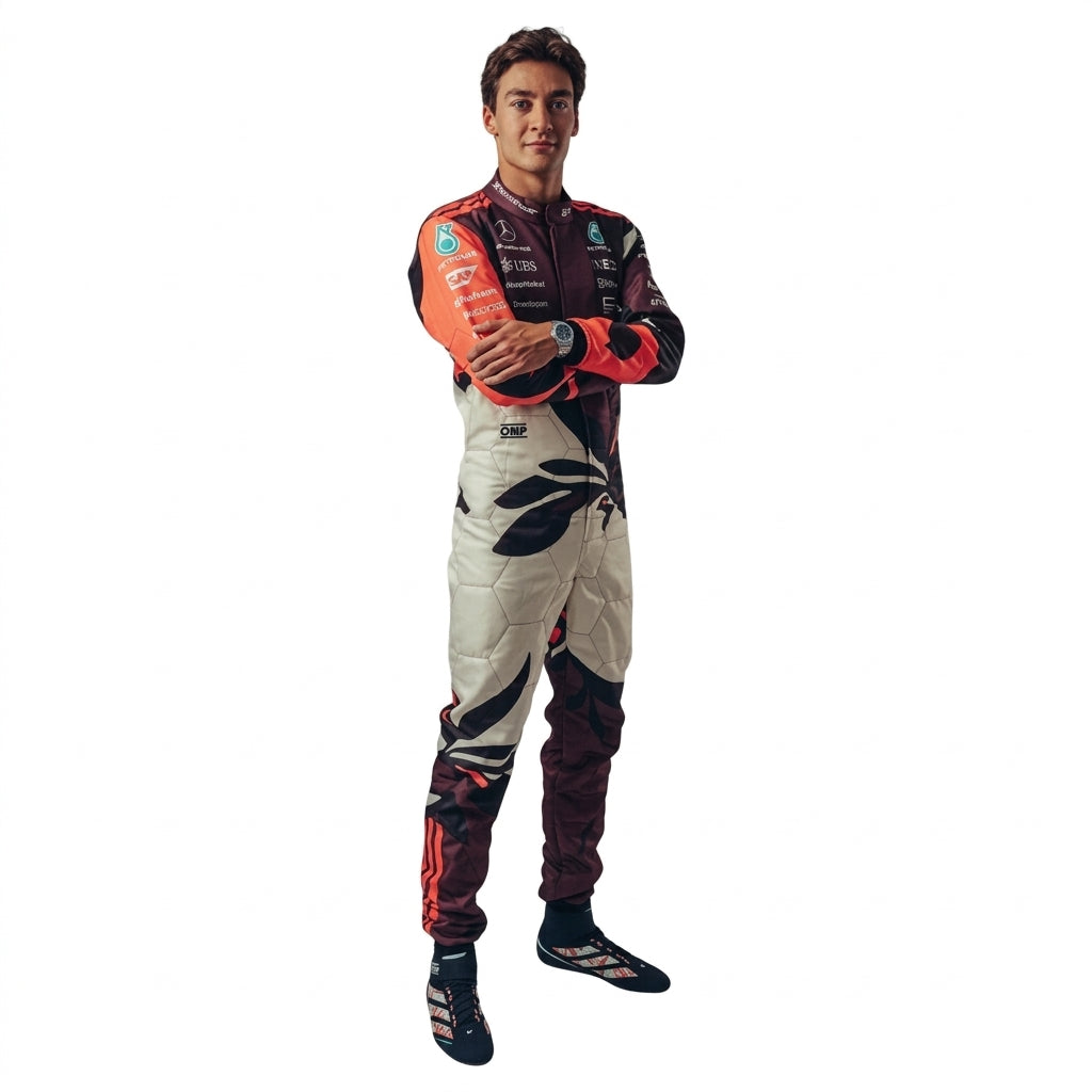 2025 George Russell Mercedes F1 Race Suit in maroon, coral, and white standing 3/4 front view with arms crossed