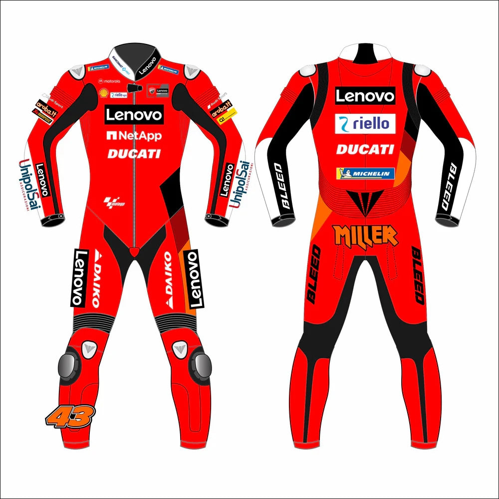 2021 Jack Miller Ducati Lenovo MotoGP leather racing suit in red and black with CE Level 2 armor, front view