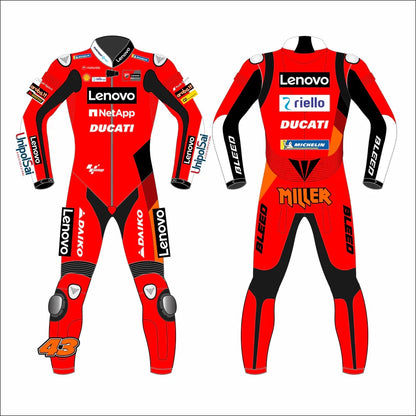2021 Jack Miller Ducati Lenovo MotoGP leather racing suit in red and black with CE Level 2 armor, front view