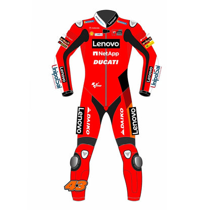 2021 Jack Miller Ducati Lenovo MotoGP leather racing suit in red and black with CE Level 2 armor, front view