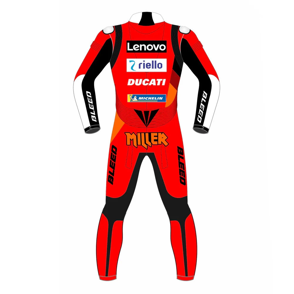 2021 Jack Miller Ducati Lenovo MotoGP leather racing suit in red and black with CE Level 2 armor, front view
