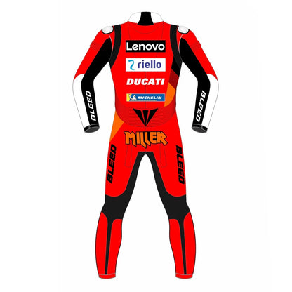 2021 Jack Miller Ducati Lenovo MotoGP leather racing suit in red and black with CE Level 2 armor, front view