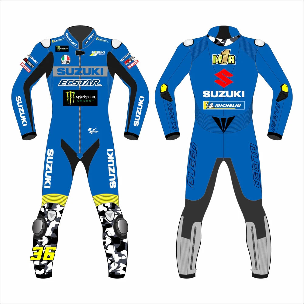 2021 Joan Mir Suzuki Ecstar MotoGP leather race suit in blue and camouflage with CE Level 2 armor, front view