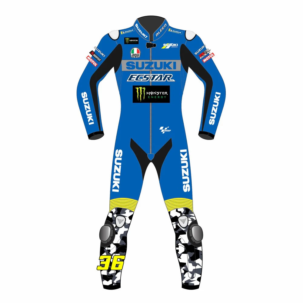 2021 Joan Mir Suzuki Ecstar MotoGP leather race suit in blue and camouflage with CE Level 2 armor, front view