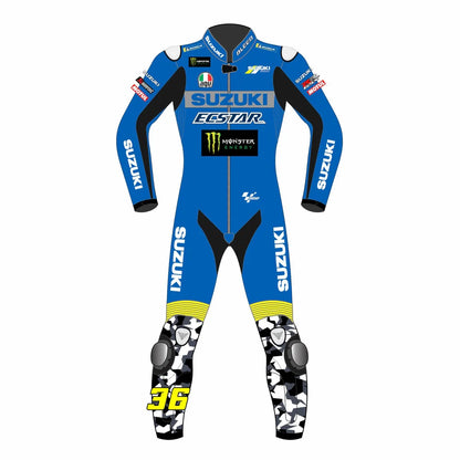 2021 Joan Mir Suzuki Ecstar MotoGP leather race suit in blue and camouflage with CE Level 2 armor, front view