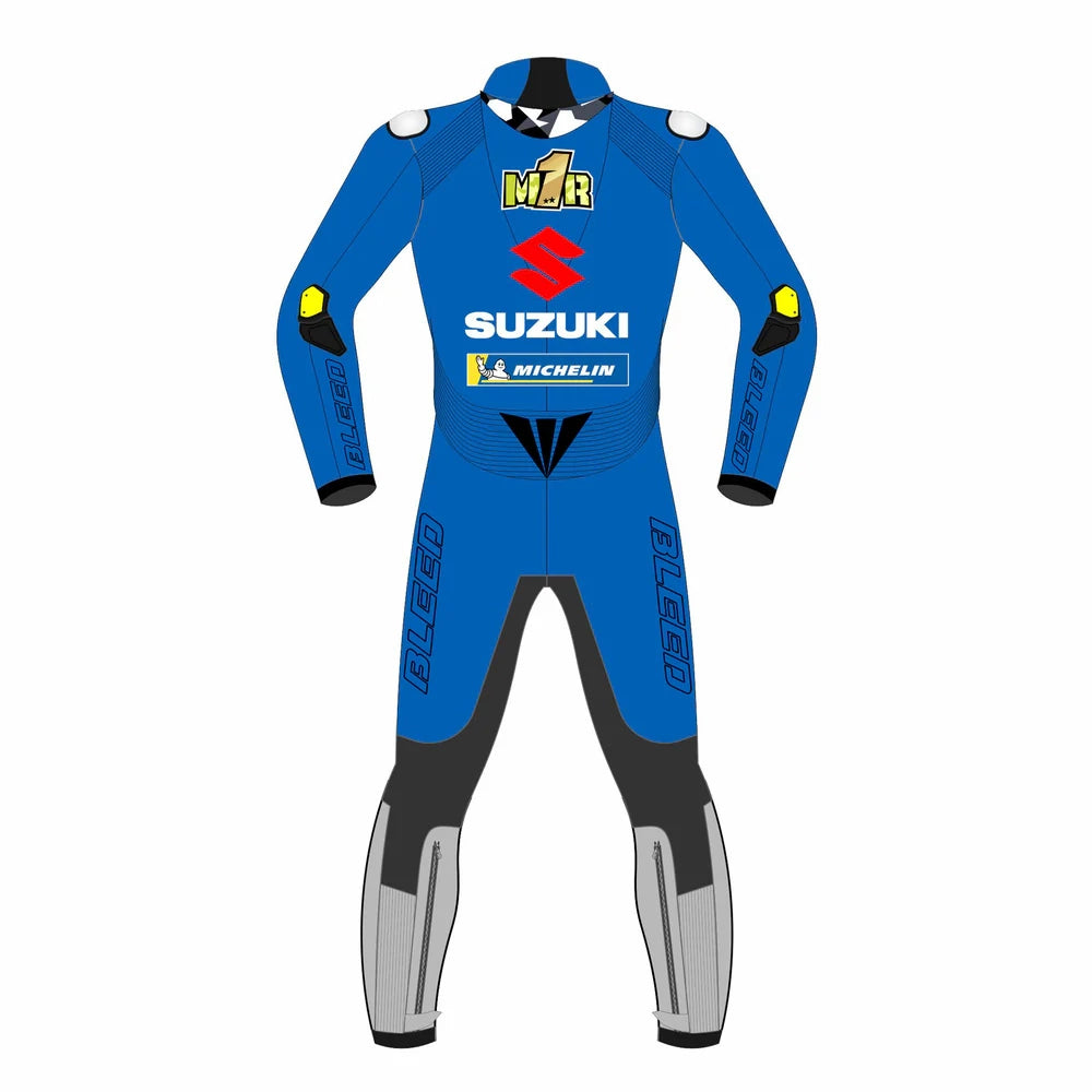 2021 Joan Mir Suzuki Ecstar MotoGP leather race suit in blue and camouflage with CE Level 2 armor, front view