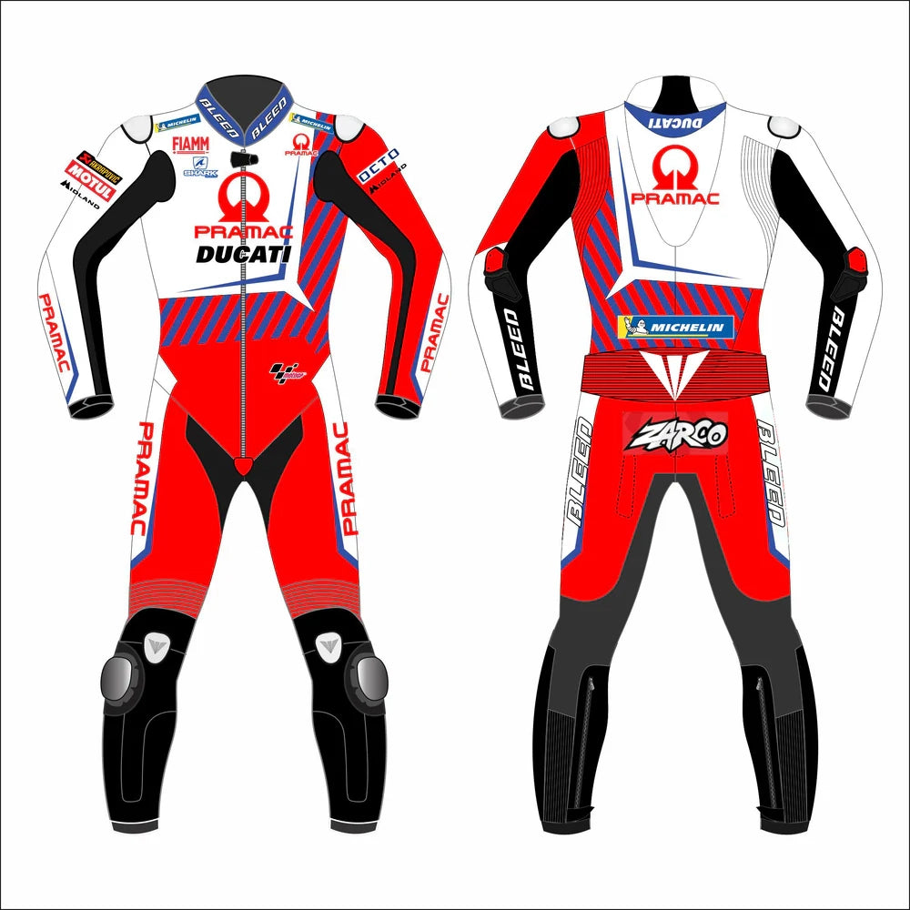 2021 Johann Zarco Pramac Ducati MotoGP leather race suit in white red and blue with CE Level 2 armor, front view