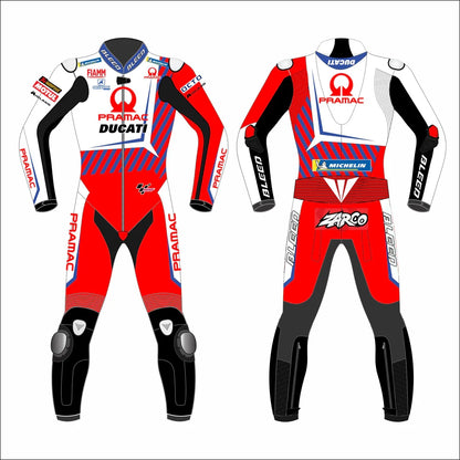 2021 Johann Zarco Pramac Ducati MotoGP leather race suit in white red and blue with CE Level 2 armor, front view