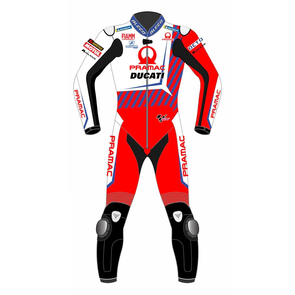 2021 Johann Zarco Pramac Ducati MotoGP leather race suit in white red and blue with CE Level 2 armor, front view