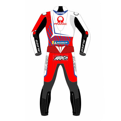 2021 Johann Zarco Pramac Ducati MotoGP leather race suit in white red and blue with CE Level 2 armor, front view