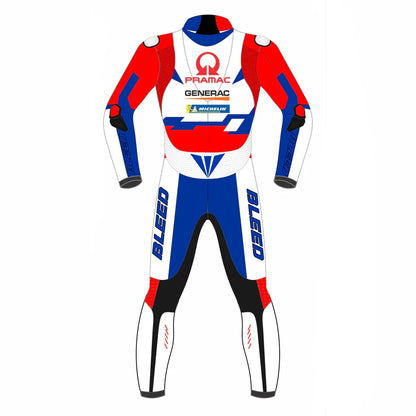 Jorge Martin 2022 Ducati Pramac leather racing suit front view showing red white blue livery and CE armor points