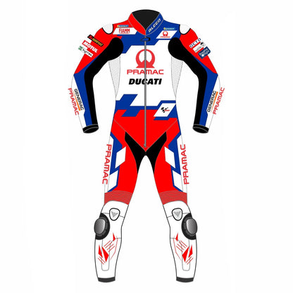 Jorge Martin 2022 Ducati Pramac leather racing suit front view showing red white blue livery and CE armor points