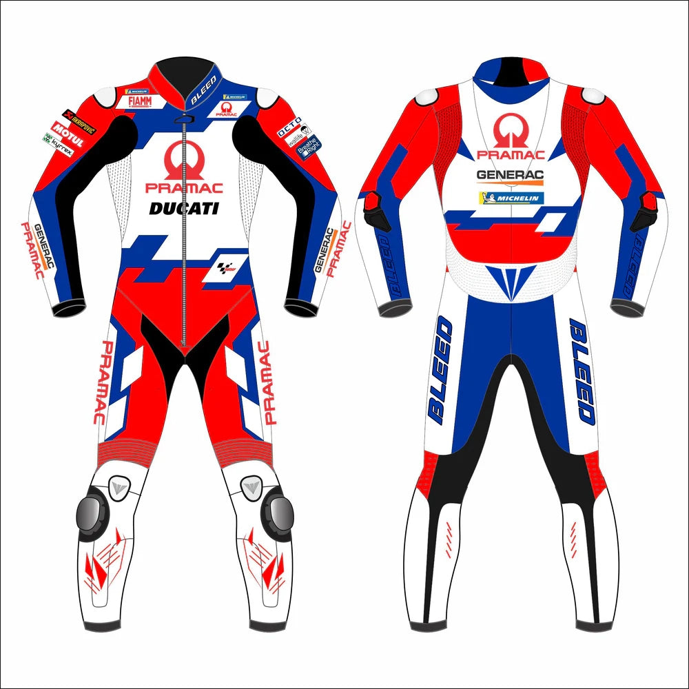 Jorge Martin 2022 Ducati Pramac leather racing suit front view showing red white blue livery and CE armor points