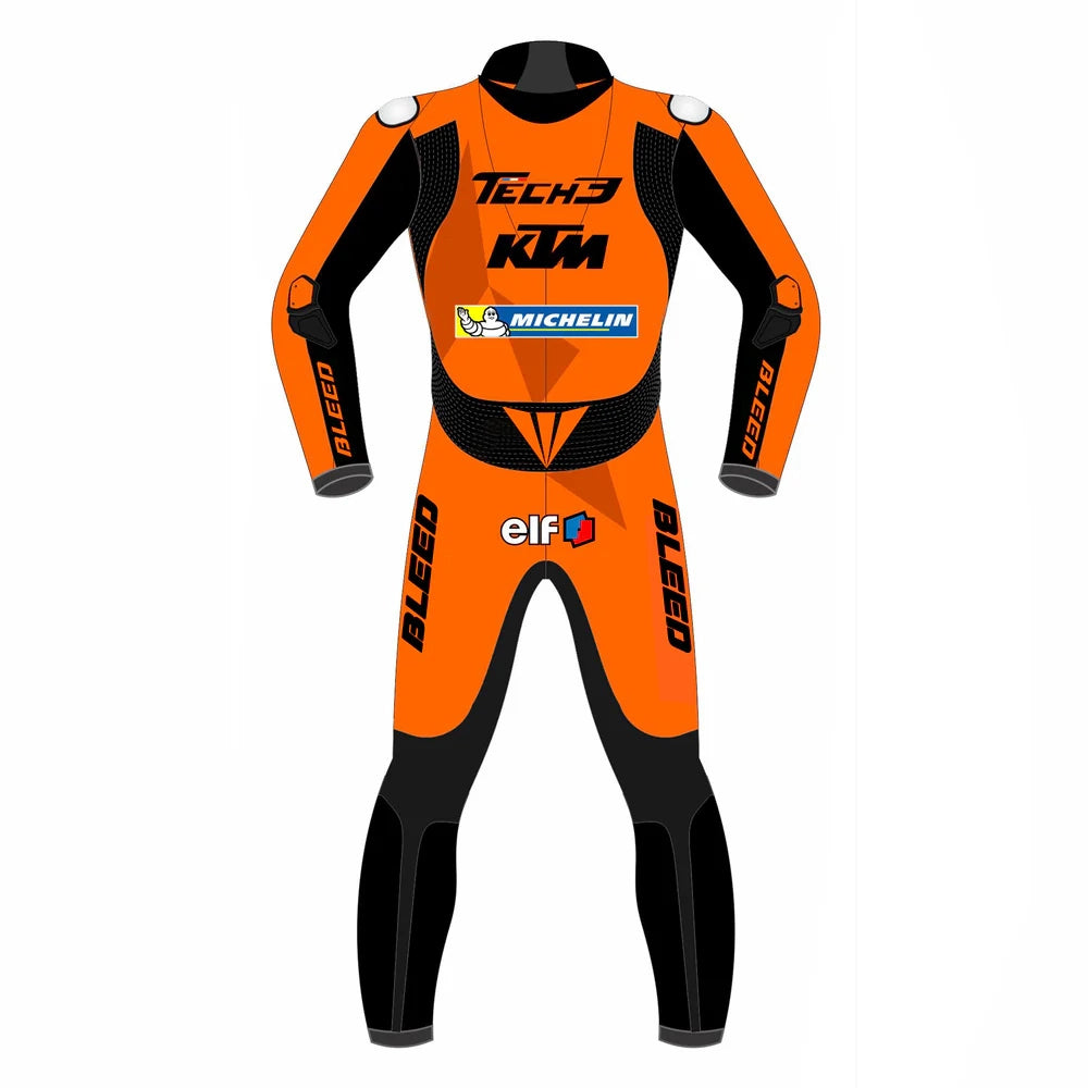 KTM Tech3 2022 MotoGP leather racing suit front view showing orange and black livery with stretch panels