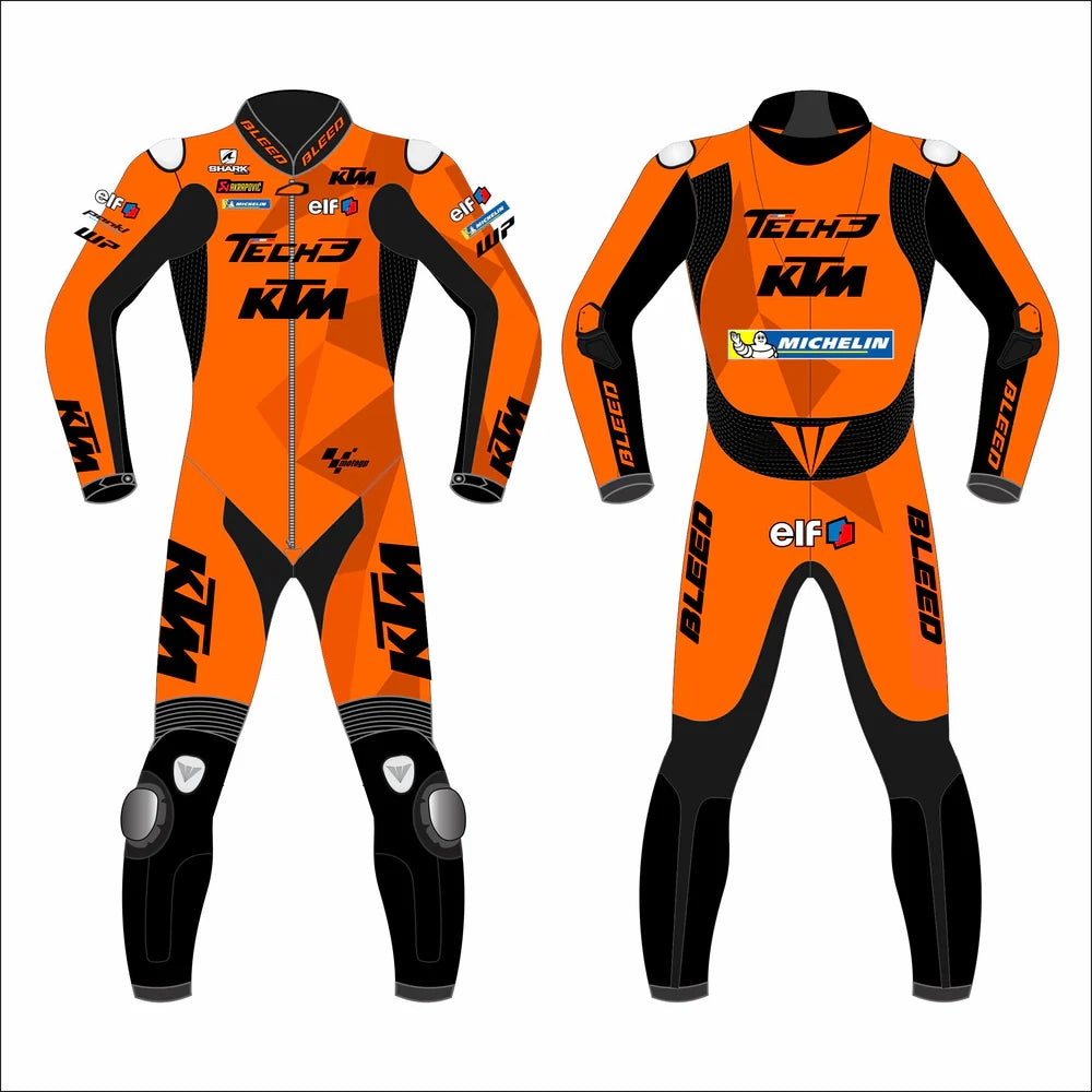 KTM Tech3 2022 MotoGP leather racing suit front view showing orange and black livery with stretch panels
