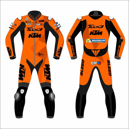 KTM Tech3 2022 MotoGP leather racing suit front view showing orange and black livery with stretch panels