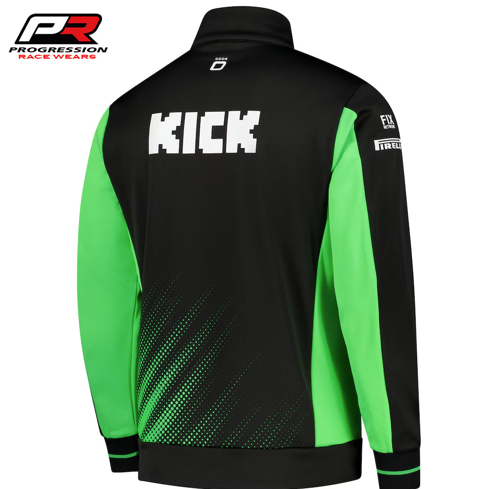 Black and green jacket with 'KICK' text on the back, featuring Progression Race Wear logo.
