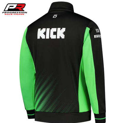 Black and green jacket with 'KICK' text on the back, featuring Progression Race Wear logo.