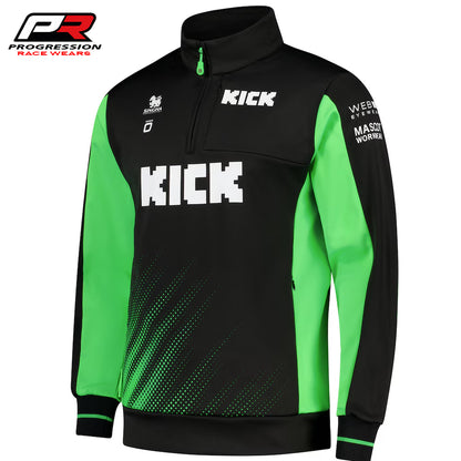 Black and green sweatshirt with 'KICK' branding on a white background, featuring Progression Race Wear logo.
