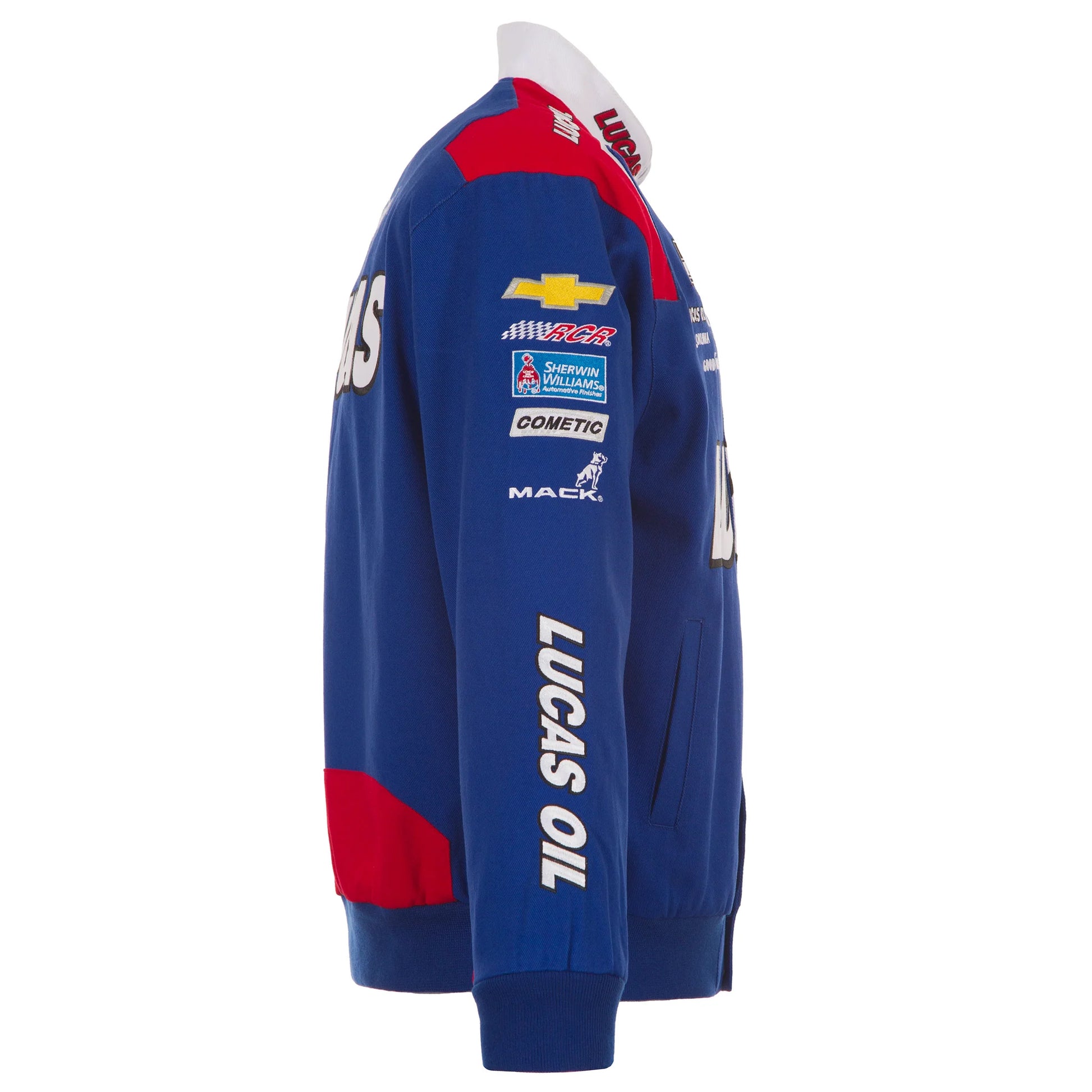 2025 Kyle Busch Lucas Oil Royal Full-Snap Uniform Jacket by Progression Race Wear – premium NASCAR jacket with embroidered Lucas Oil details.