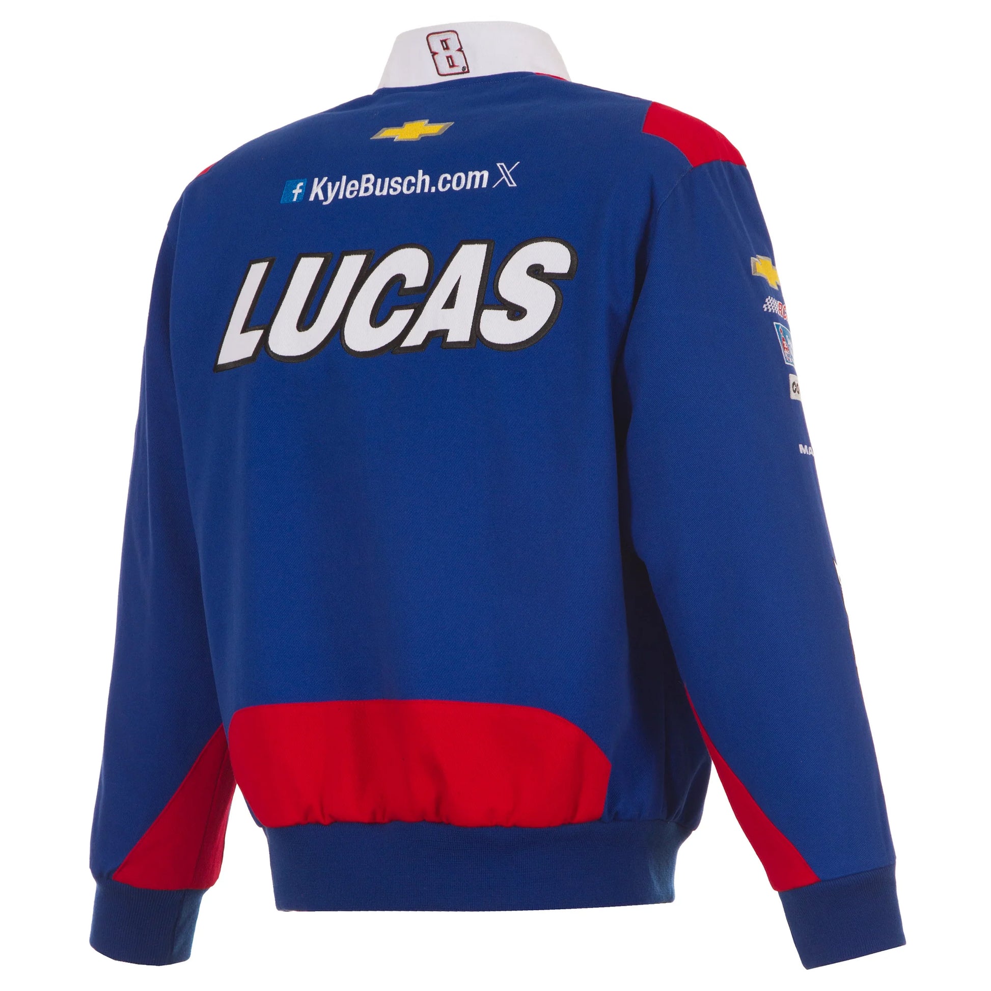 2025 Kyle Busch Lucas Oil Royal Full-Snap Uniform Jacket by Progression Race Wear – premium NASCAR jacket with embroidered Lucas Oil details.