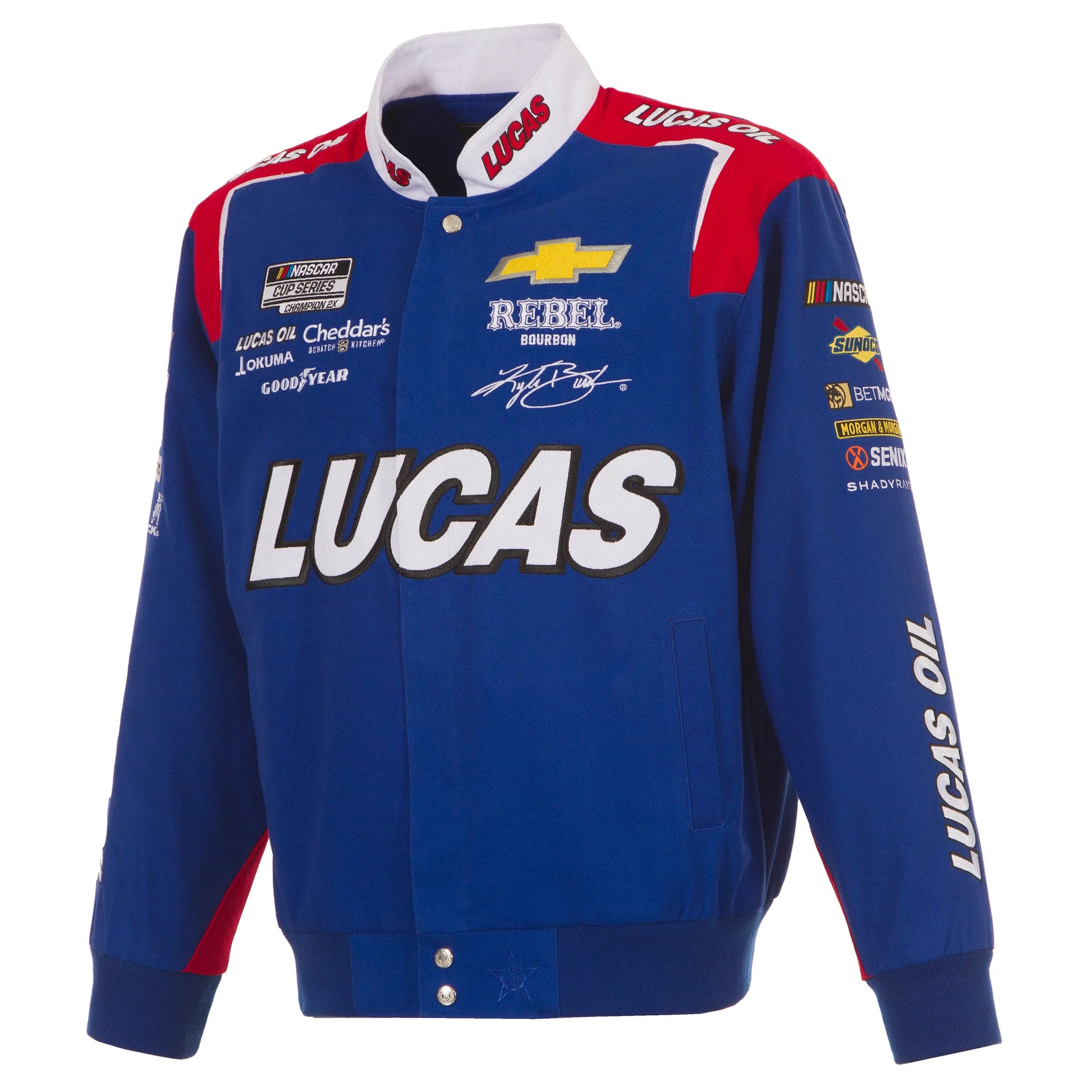 2025 Kyle Busch Lucas Oil Royal Full-Snap Uniform Jacket by Progression Race Wear – premium NASCAR jacket with embroidered Lucas Oil details.