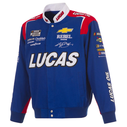 2025 Kyle Busch Lucas Oil Royal Full-Snap Uniform Jacket by Progression Race Wear – premium NASCAR jacket with embroidered Lucas Oil details.