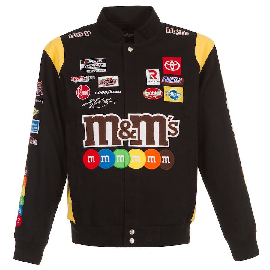 Kyle Busch M&M’s Black Full-Snap Twill Jacket by Progression Race Wear – JH Design NASCAR racing jacket with bold embroidered details.