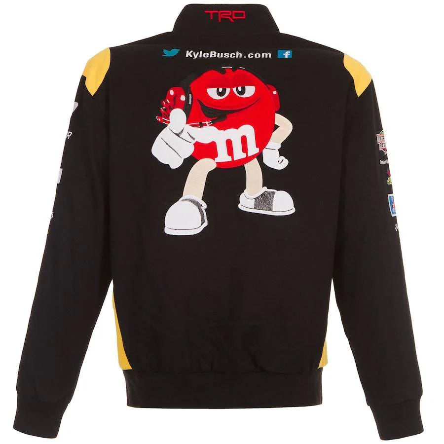 Kyle Busch M&M’s Black Full-Snap Twill Jacket by Progression Race Wear – JH Design NASCAR racing jacket with bold embroidered details.