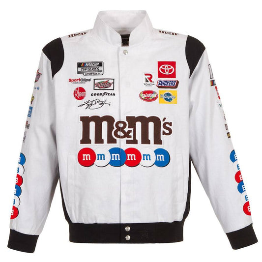 Authentic Kyle Busch M&M’s White Full-Snap Twill Uniform Jacket by Progression Race Wear – JH Design NASCAR jacket with embroidered M&M’s details.
