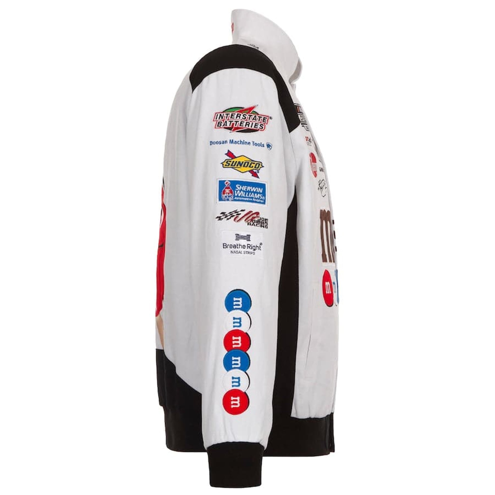 Authentic Kyle Busch M&M’s White Full-Snap Twill Uniform Jacket by Progression Race Wear – JH Design NASCAR jacket with embroidered M&M’s details.