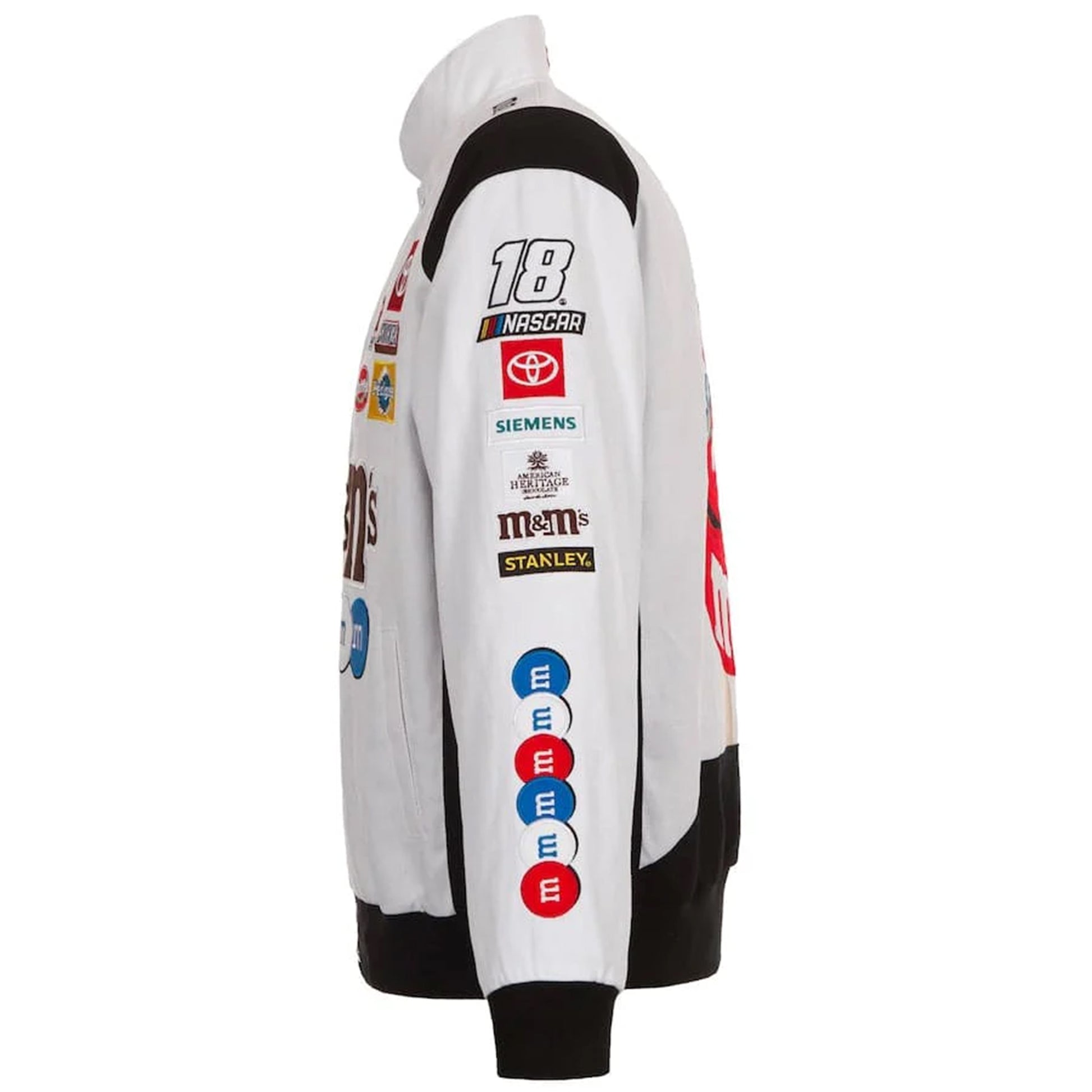 Authentic Kyle Busch M&M’s White Full-Snap Twill Uniform Jacket by Progression Race Wear – JH Design NASCAR jacket with embroidered M&M’s details.