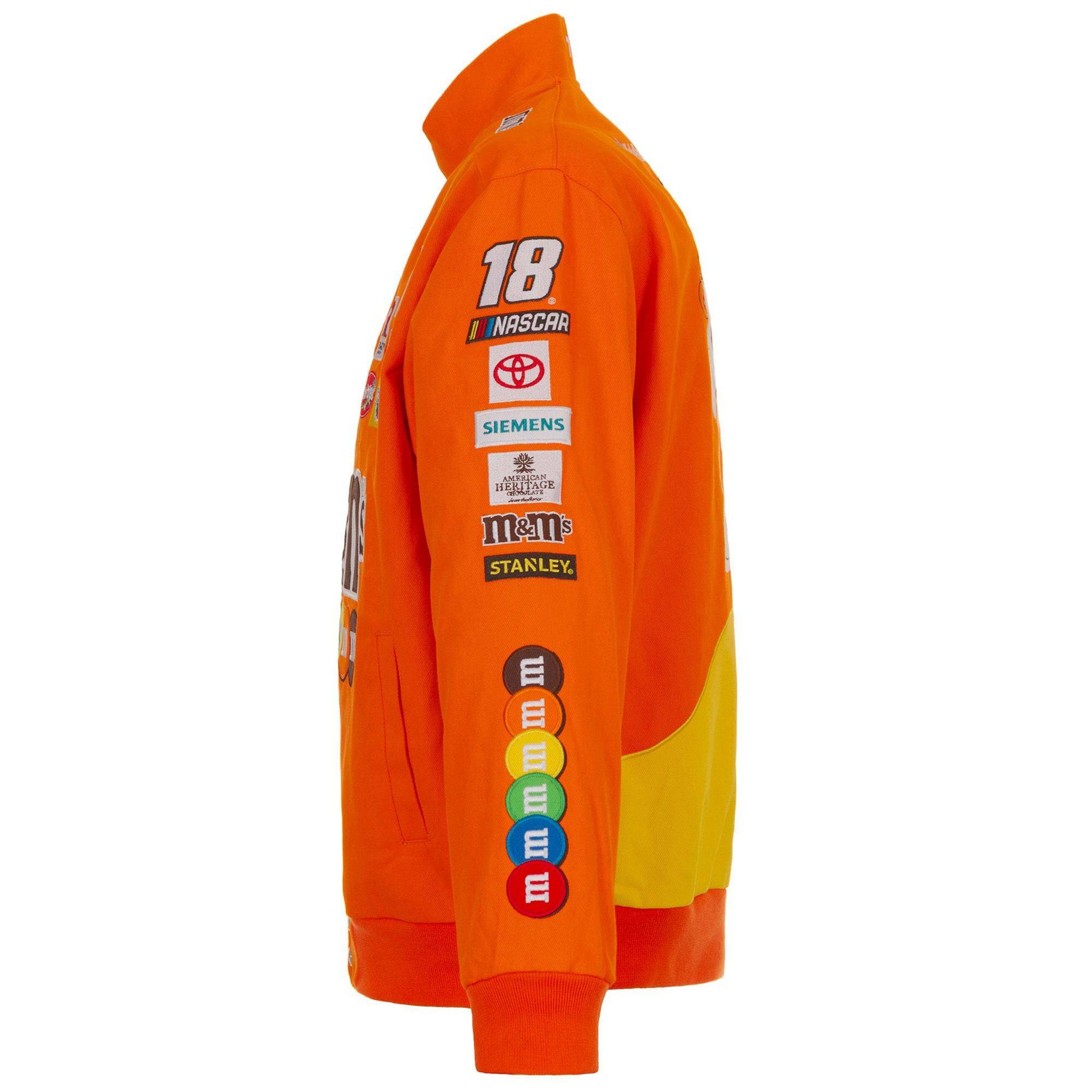 Kyle Busch M&M’s Orange Full-Snap Twill Uniform Jacket by Progression Race Wear – limited edition NASCAR jacket with embroidered details.