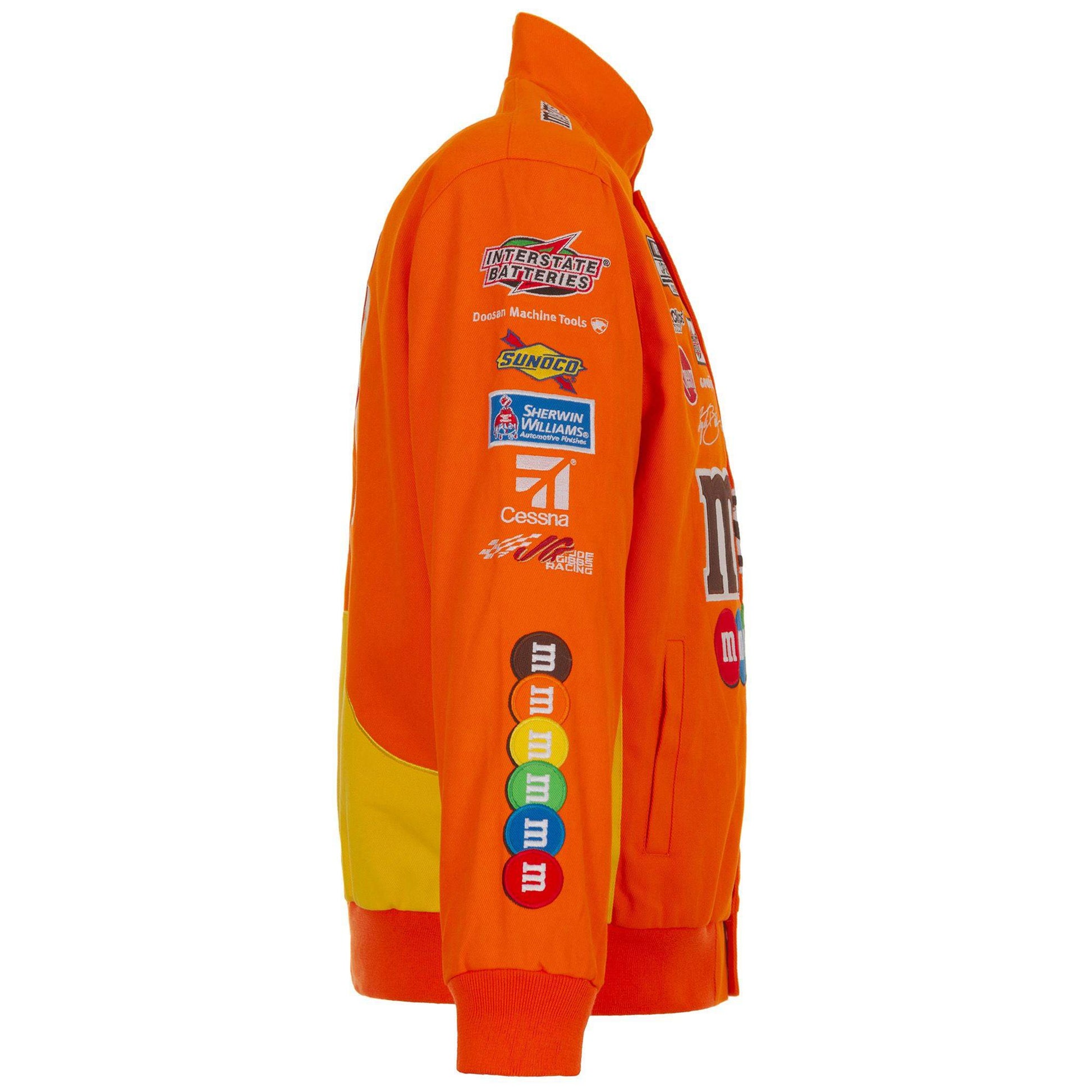 Kyle Busch M&M’s Orange Full-Snap Twill Uniform Jacket by Progression Race Wear – limited edition NASCAR jacket with embroidered details.