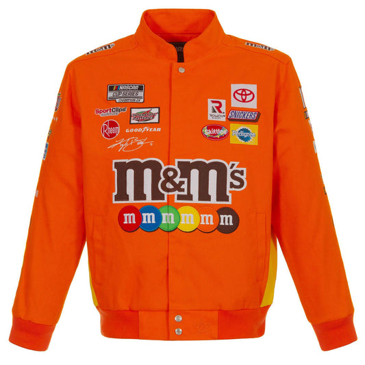 Kyle Busch M&M’s Orange Full-Snap Twill Uniform Jacket by Progression Race Wear – limited edition NASCAR jacket with embroidered details.
