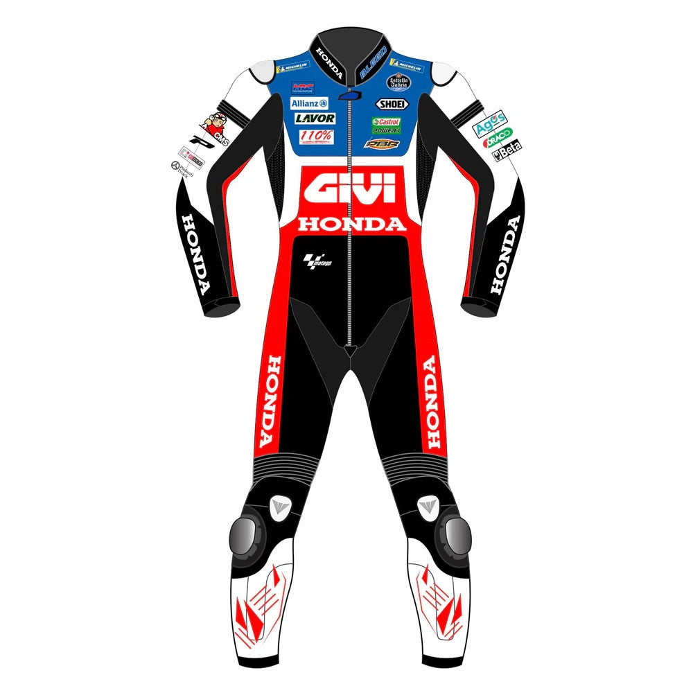 Marc Marquez 2022 Honda Givi leather racing suit front view showing white red black livery and CE armor points