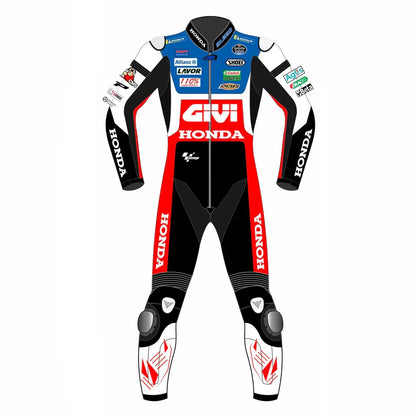 Marc Marquez 2022 Honda Givi leather racing suit front view showing white red black livery and CE armor points