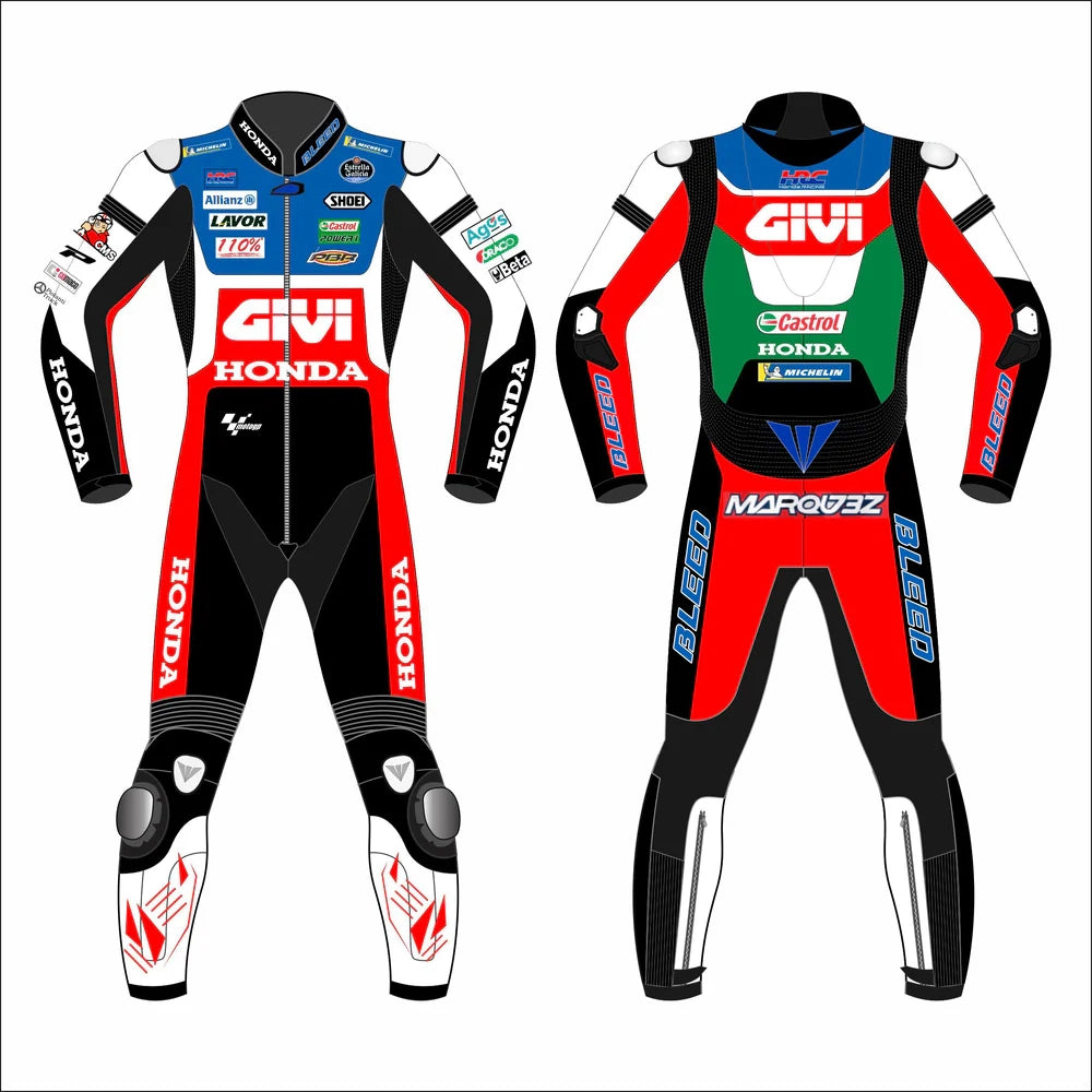 Marc Marquez 2022 Honda Givi leather racing suit front view showing white red black livery and CE armor points
